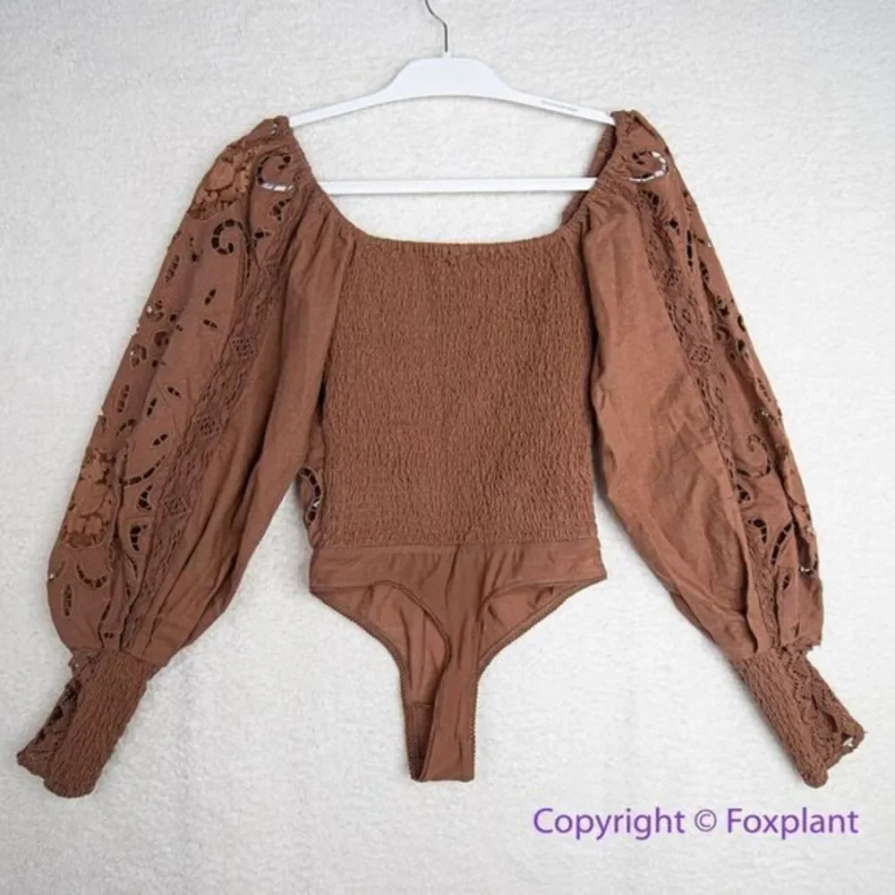 NEW Free‎ People Intimately Brown Regina Boho Long Sleeve Bodysuit, S